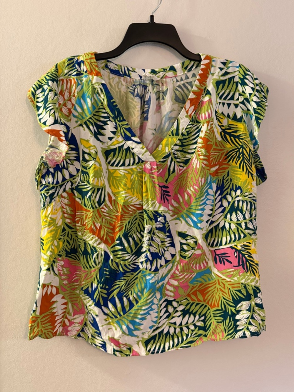 Nicole Miller New York Tropical Print Blouse 1X Lightweight V-Neck Top